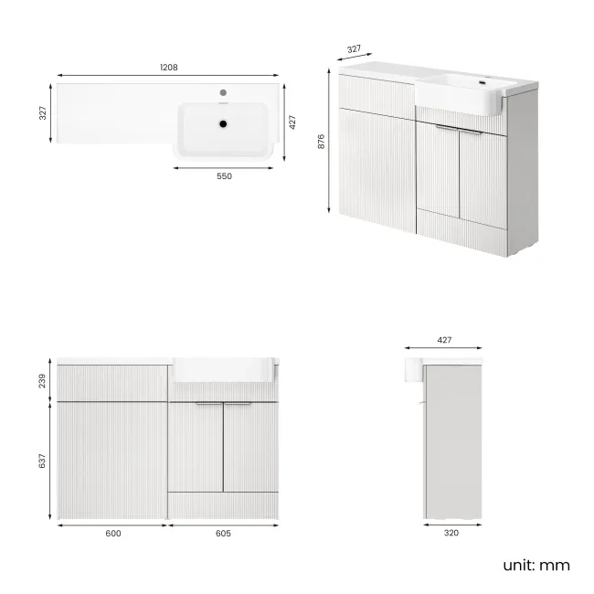 Sicily Fluted Coastal White Basin Vanity and Back To Wall Toilet Unit 1200mm (Excludes Toilet) - Chrome Handles - Right Handed