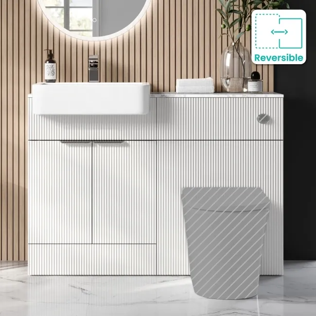 Sicily Fluted Coastal White Basin Vanity with Marble Top & Back To Wall Unit 1200mm (Excludes Toilet) - Chrome Handles