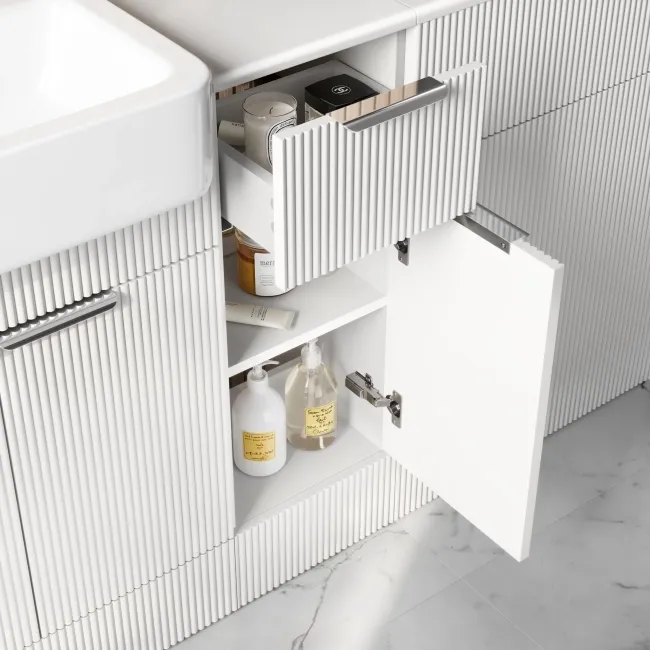 Sicily Fluted Coastal White Combination Vanity Basin 1500mm (Excludes Toilet) - Chrome Handles
