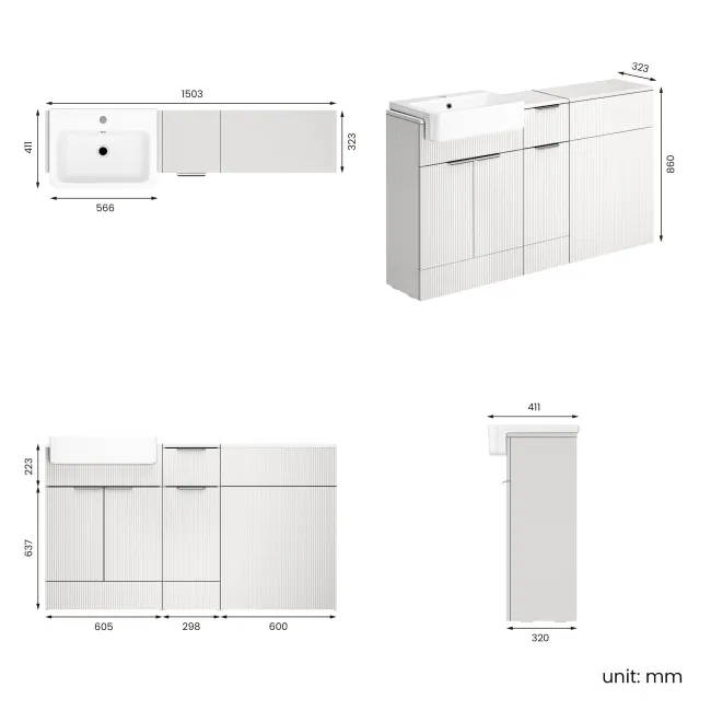 Sicily Fluted Coastal White Combination Vanity Basin 1500mm (Excludes Toilet) - Chrome Handles