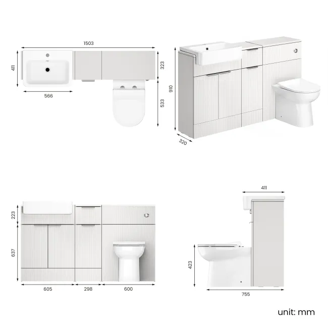Sicily Fluted Coastal White Combination Vanity Basin and Aruba Toilet 1500mm - Chrome Handles