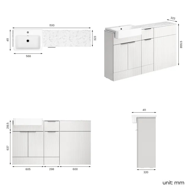 Sicily Fluted Coastal White Combination Vanity Basin with Marble Top 1500mm (Excludes Toilet) - Chrome Handles