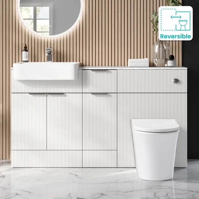 Sicily Fluted Coastal White Combination Vanity Basin with Marble Top & Tucson Toilet 1500mm - Chrome Handles