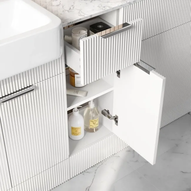 Sicily Fluted Coastal White Combination Vanity Basin with Marble Top & Houston Toilet 1500mm - Chrome Handles