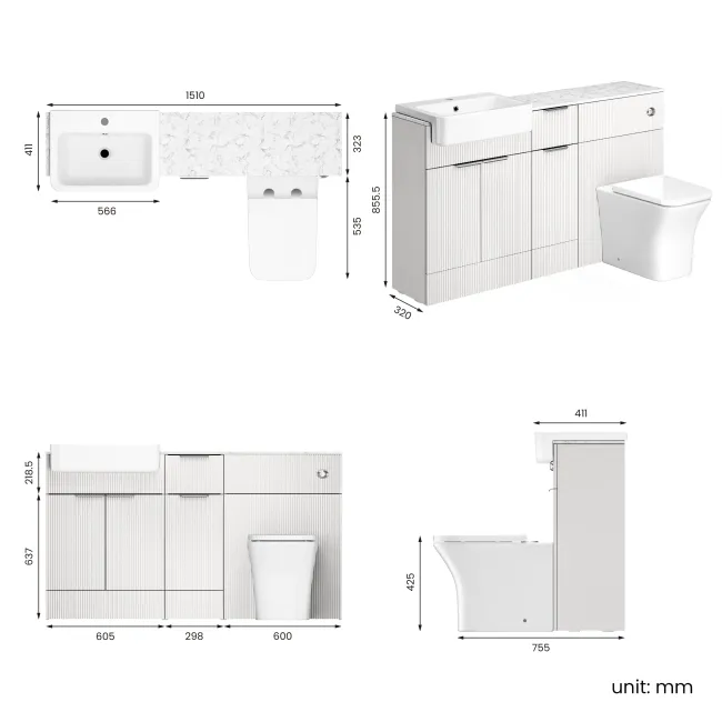 Sicily Fluted Coastal White Combination Vanity Basin with Marble Top & Houston Toilet 1500mm - Chrome Handles