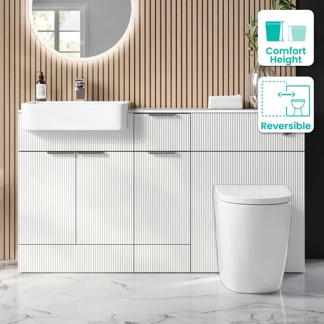 Sicily Fluted Coastal White Combination Vanity Basin with Marble Top & Utah Comfort Height Toilet 1500mm - Chrome Handles