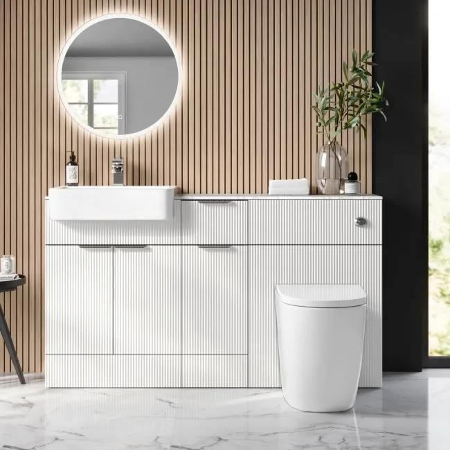 Sicily Fluted Coastal White Combination Vanity Basin with Marble Top & Utah Comfort Height Toilet 1500mm - Chrome Handles