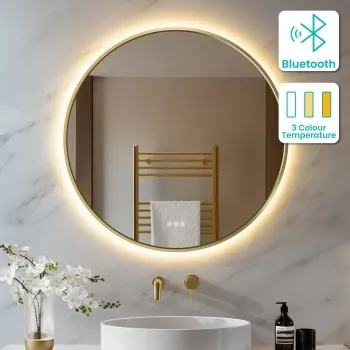 Delilah Brushed Brass Round Backlit LED Mirror With BLUETOOTH Speaker 800mm