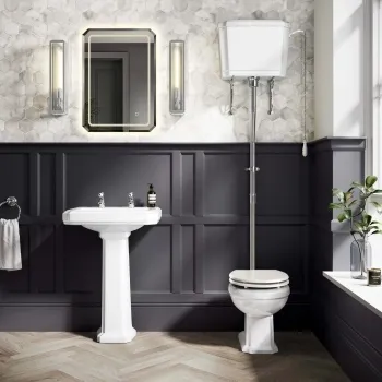 Hudson Traditional High-Level Toilet With Cotton White Seat & Pedestal Basin - Double Tap Hole