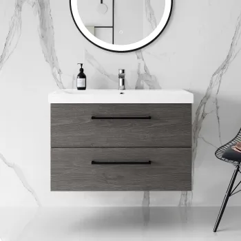 Elba Charcoal Elm Wall Hung Basin Drawer Vanity 800mm - Black Accents