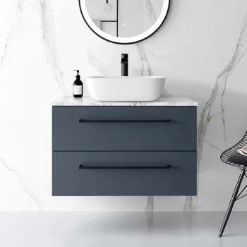 Elba Inky Blue Wall Hung Drawer Vanity with Marble Top & Curved Counter Top Basin 800mm - Black Accents