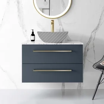 Elba Inky Blue Wall Hung Drawer 800mm Excludes Counter Top Basin - Brushed Brass Accents