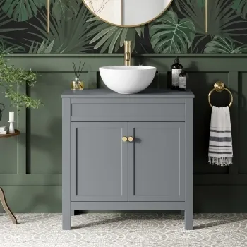 Bermuda Dove Grey Vanity with Round Counter Top Basin 800mm - Brushed Brass Accents