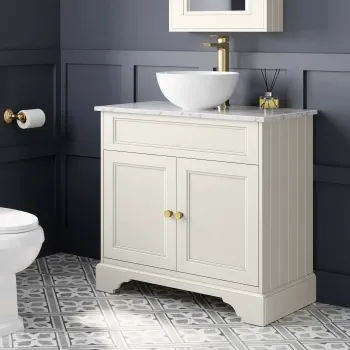 Lucia Chalk White Vanity with Marble Top & Round Counter Top Basin 840mm - Brushed Brass Accents