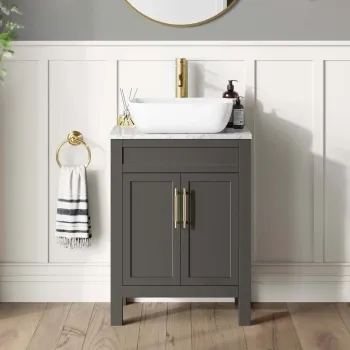 Bermuda Graphite Grey Vanity with Marble Top & Curved Counter Top Basin 600mm - Brass Knurled Handles