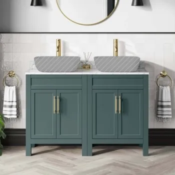 Bermuda Midnight Green Cabinet with Marble Top 1200mm Excludes Counter Top Basins - Brass Knurled Handles