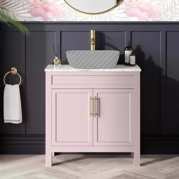 Bermuda Cashmere Pink Cabinet with Marble Top 800mm (Excludes Counter Top Basin) - Brass Knurled Handles