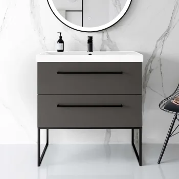 Elba Graphite Grey Wall Hung Basin Drawer Vanity 800mm with Matt Black Stand
