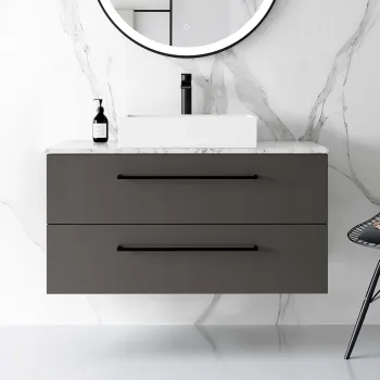 Elba Graphite Grey Wall Hung Drawer Vanity with Marble Top & Cody Basin 1000mm - Black Accents