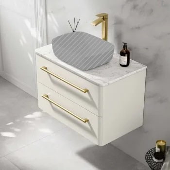 Omaha Linen White Wall Hung Drawer Vanity with Marble Top 800mm (Excludes Counter Top Basin) - Brushed Brass Accents