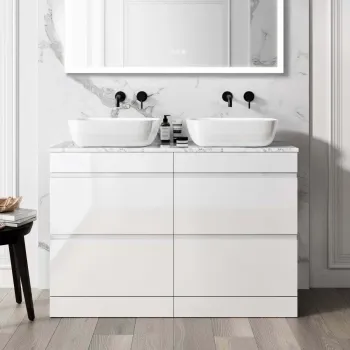 Trent Gloss White Double Vanity Drawer with Marble Top & Curved Counter Top Basin 1200mm