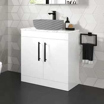 Avon Gloss White Counter Top Vanity with Marble Top 800mm - Black Accents