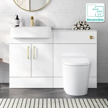 Harper Gloss White Combination Vanity Basin with Marble Top & Boston Toilet 1200mm - Brushed Brass Accents
