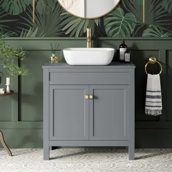 Bermuda Dove Grey Vanity with Curved Counter Top Basin 800mm - Brushed Brass Accents