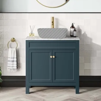 Bermuda Inky Blue Cabinet with Marble Top 800mm Excludes Counter Top Basin - Brushed Brass Accents