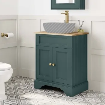 Lucia Midnight Green Cabinet with Oak Effect Top 640mm (Excludes Counter Top Basin) - Brushed Brass Accents