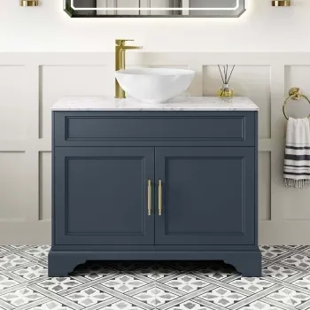 Lucia Inky Blue Vanity with Marble Top & Round Counter Top Basin 1030mm - Brass Knurled Handles
