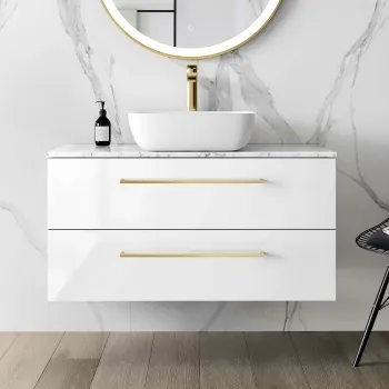 Elba Gloss White Wall Hung Drawer Vanity with Marble Top & Curved Counter Top Basin 1000mm - Brushed Brass Accents