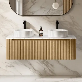 Sorrento Fluted Country Oak Double Wall Hung Drawer Vanity with Marble Top & Nevis Basin 1200mm