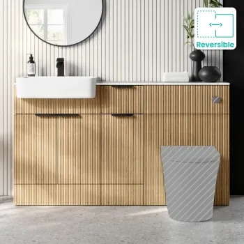 Sicily Fluted Country Oak Combination Vanity Basin with Marble Top 1500mm (Excludes Toilet) - Black Accents