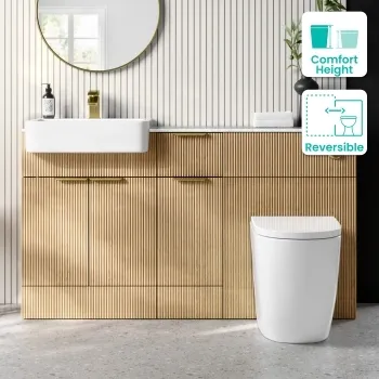 Sicily Fluted Country Oak Combination Vanity Basin with Marble Top & Utah Comfort Height Toilet 1500mm - Brushed Brass Accents