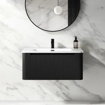 Sorrento Fluted Matt Black Wall Hung Basin Drawer Vanity 800mm