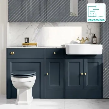 Monaco Inky Blue Combination Vanity Basin with Marble Top and Hudson Toilet with Wooden Seat 1500mm - Brushed Brass Accents