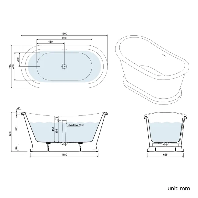 Mayfair 1500mm Midnight Green Freestanding Roll Top Slipper Bath