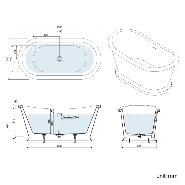 Mayfair 1700mm Graphite Grey Freestanding Roll Top Slipper Bath