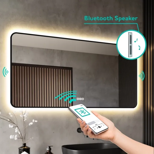 Mila Black Framed Backlit Illuminated LED Mirror With BLUETOOTH Speaker 600x1200mm