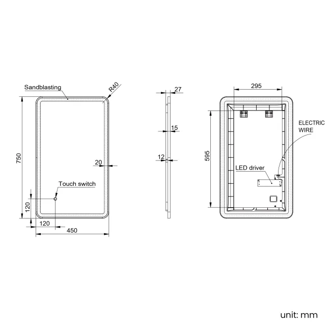 Maè Matt Black Illuminated LED Mirror 750x450mm