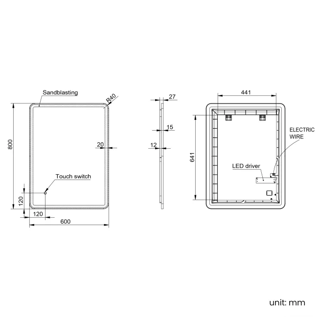 Maè Matt Black Illuminated LED Mirror 800x600mm