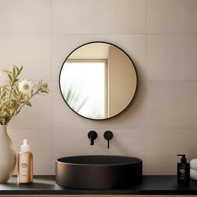 Paris Black Framed Round Bathroom Mirror 500mm