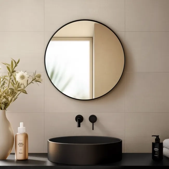 Paris Black Framed Round Bathroom Mirror 600mm