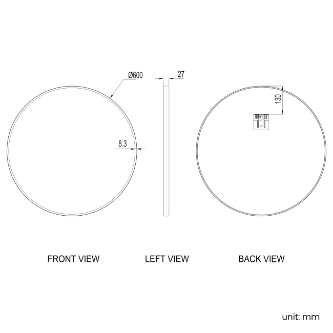 Paris Black Framed Round Bathroom Mirror 600mm