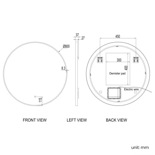 Paris Black Framed Round Backlit Illuminated LED Mirror 800mm
