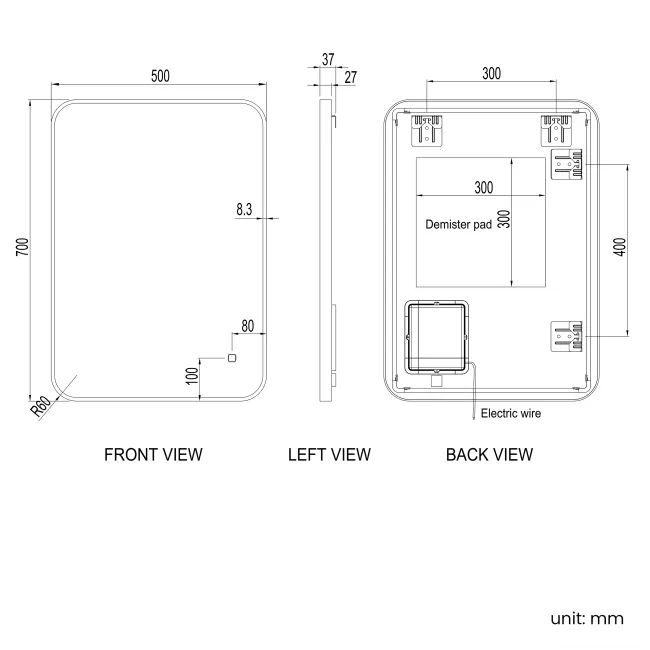 Nina Black Framed Backlit Illuminated LED Mirror 700x500mm