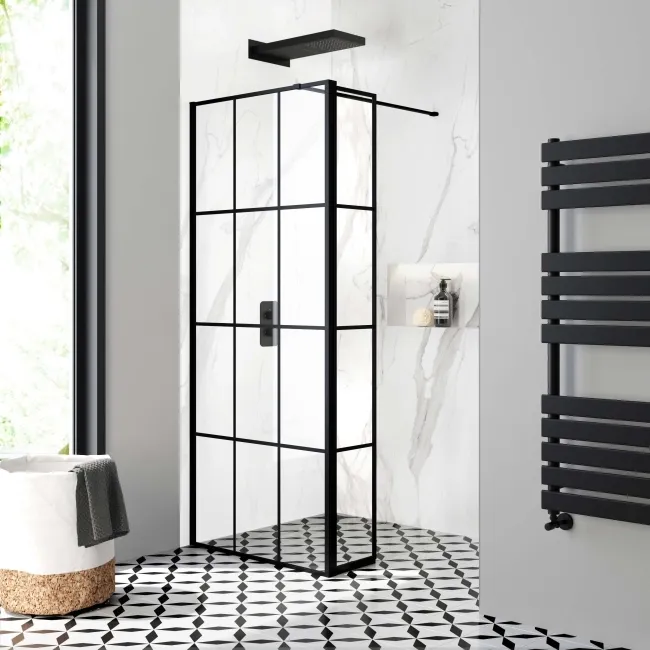 Munich Matt Black Grid 8mm Wet Room Shower Glass 800mm & 250mm Pivotal Return Panel