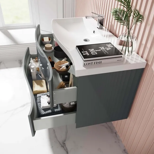 Bali Storm Grey Wall Hung Basin Drawer Vanity 1000mm -left Handed