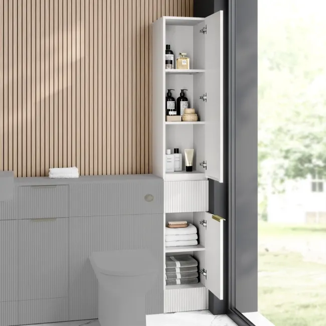 Sicily Fluted Coastal White Floor Standing Tall Cabinet Unit 1900x300mm - Brushed Brass Accents